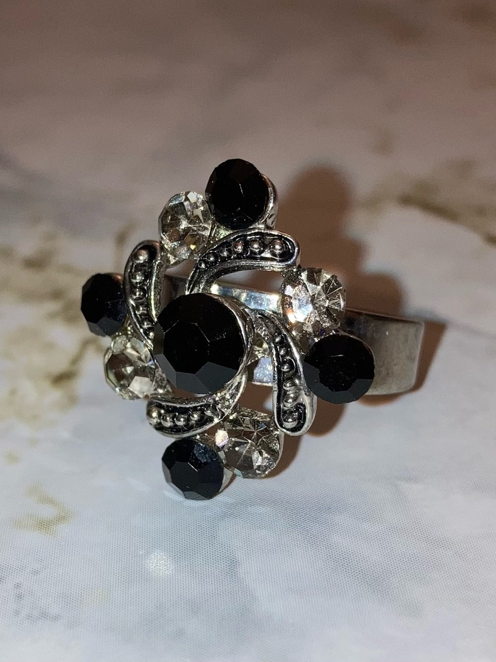 Vintage Art Deco Ring Black Crystal Silver Adjustable Whimsigoth Retro Cocktail